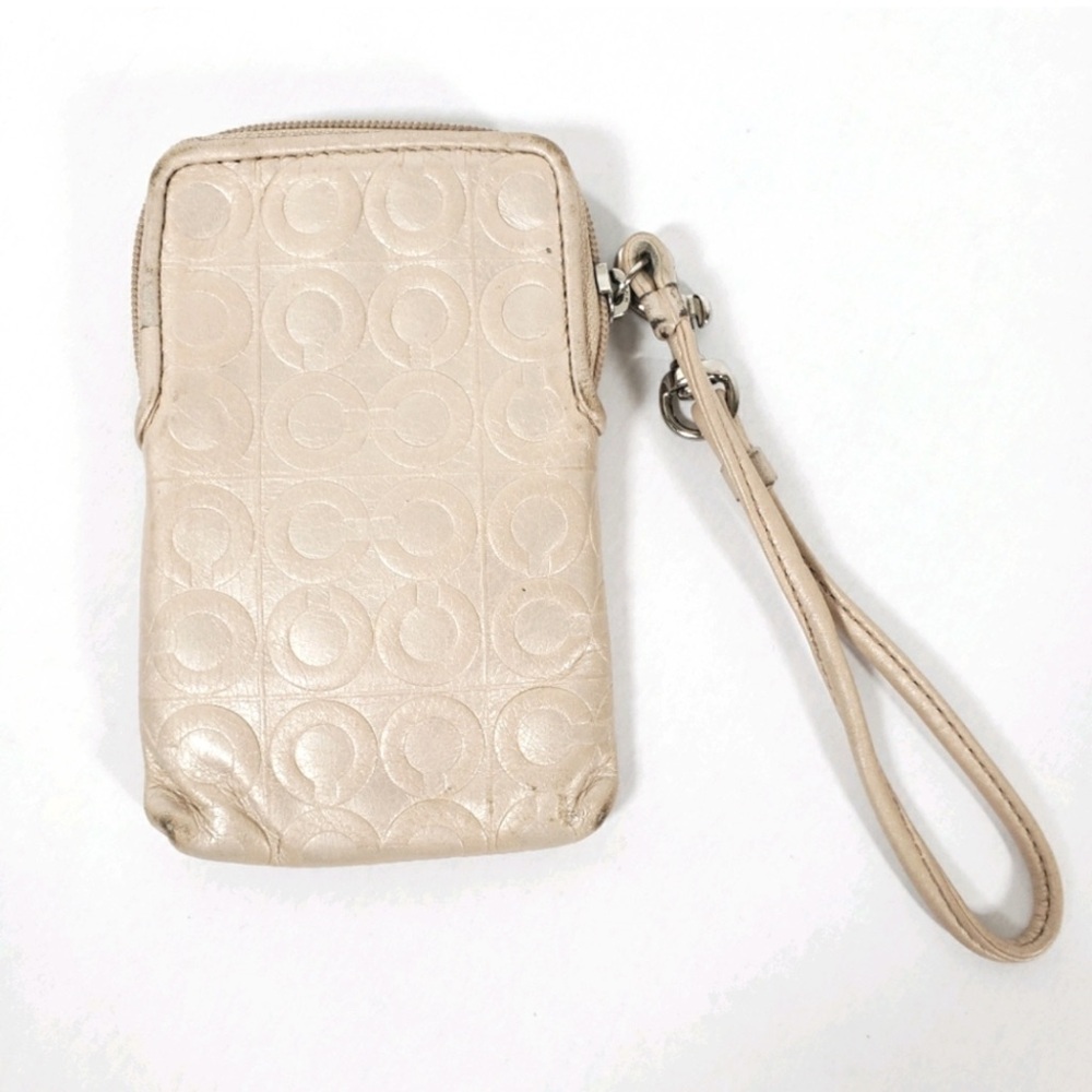 Coach Monogram Cream Leather Wristlet Wallet Card Holder